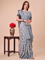 Shree Shyam Fashion Beige & Grey Banarasi Cotton Saree with Floral Zari Work and Traditional Pallu - Elegant Ethnic Wear for Festivals & Ceremonies