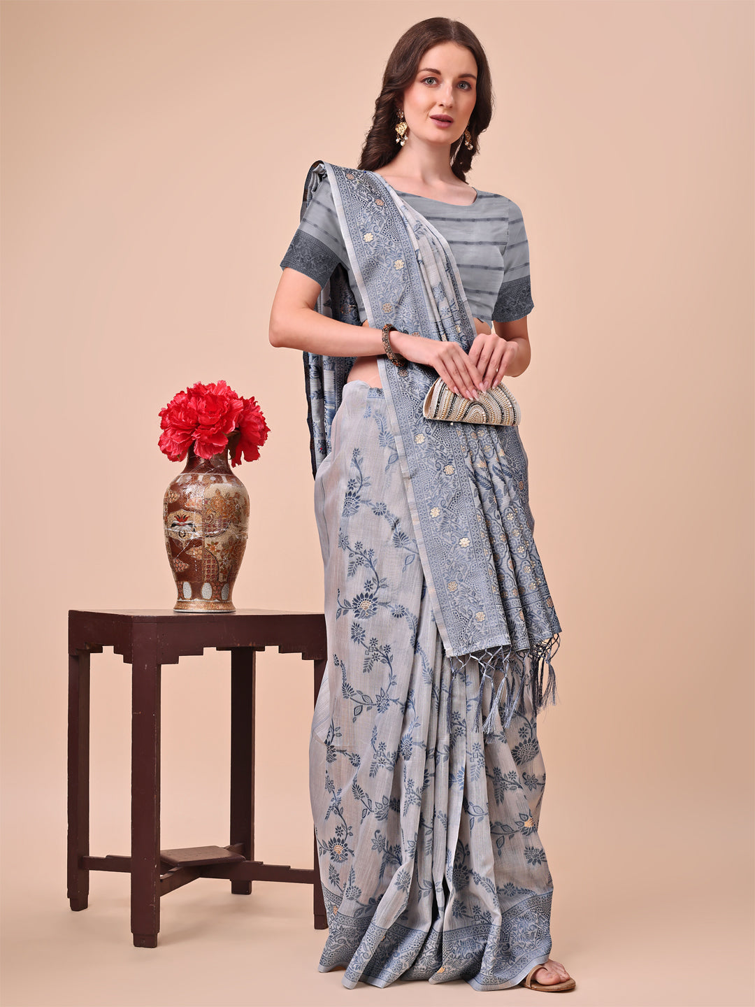 Shree Shyam Fashion Beige & Grey Banarasi Cotton Saree with Floral Zari Work and Traditional Pallu - Elegant Ethnic Wear for Festivals & Ceremonies
