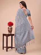Shree Shyam Fashion Beige & Grey Banarasi Cotton Saree with Floral Zari Work and Traditional Pallu - Elegant Ethnic Wear for Festivals & Ceremonies