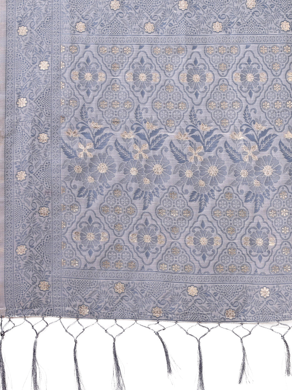Shree Shyam Fashion Beige & Grey Banarasi Cotton Saree with Floral Zari Work and Traditional Pallu - Elegant Ethnic Wear for Festivals & Ceremonies