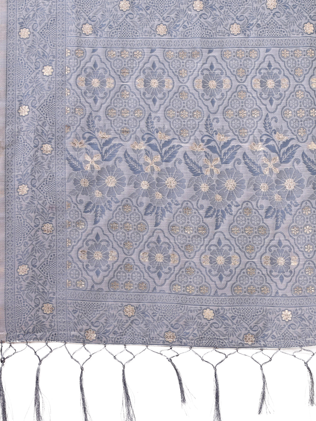 Shree Shyam Fashion Beige & Grey Banarasi Cotton Saree with Floral Zari Work and Traditional Pallu - Elegant Ethnic Wear for Festivals & Ceremonies