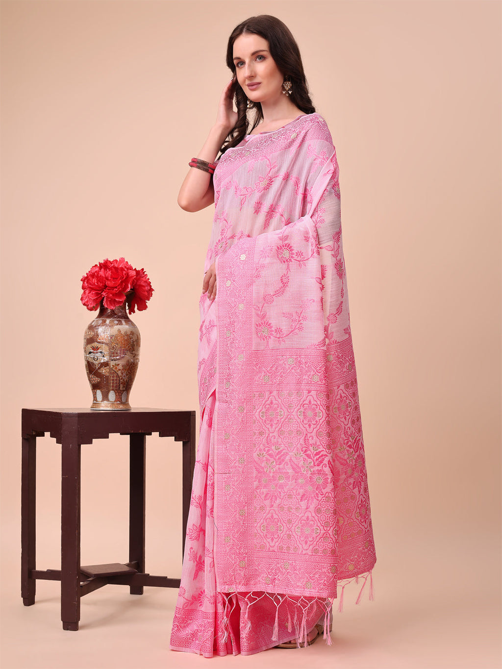 Shree Shyam Fashion Beige & Pink Banarasi Cotton Saree with Floral Zari Work and Traditional Pallu - Elegant Ethnic Wear for Festivals & Ceremonies