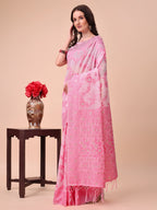 Shree Shyam Fashion Beige & Pink Banarasi Cotton Saree with Floral Zari Work and Traditional Pallu - Elegant Ethnic Wear for Festivals & Ceremonies