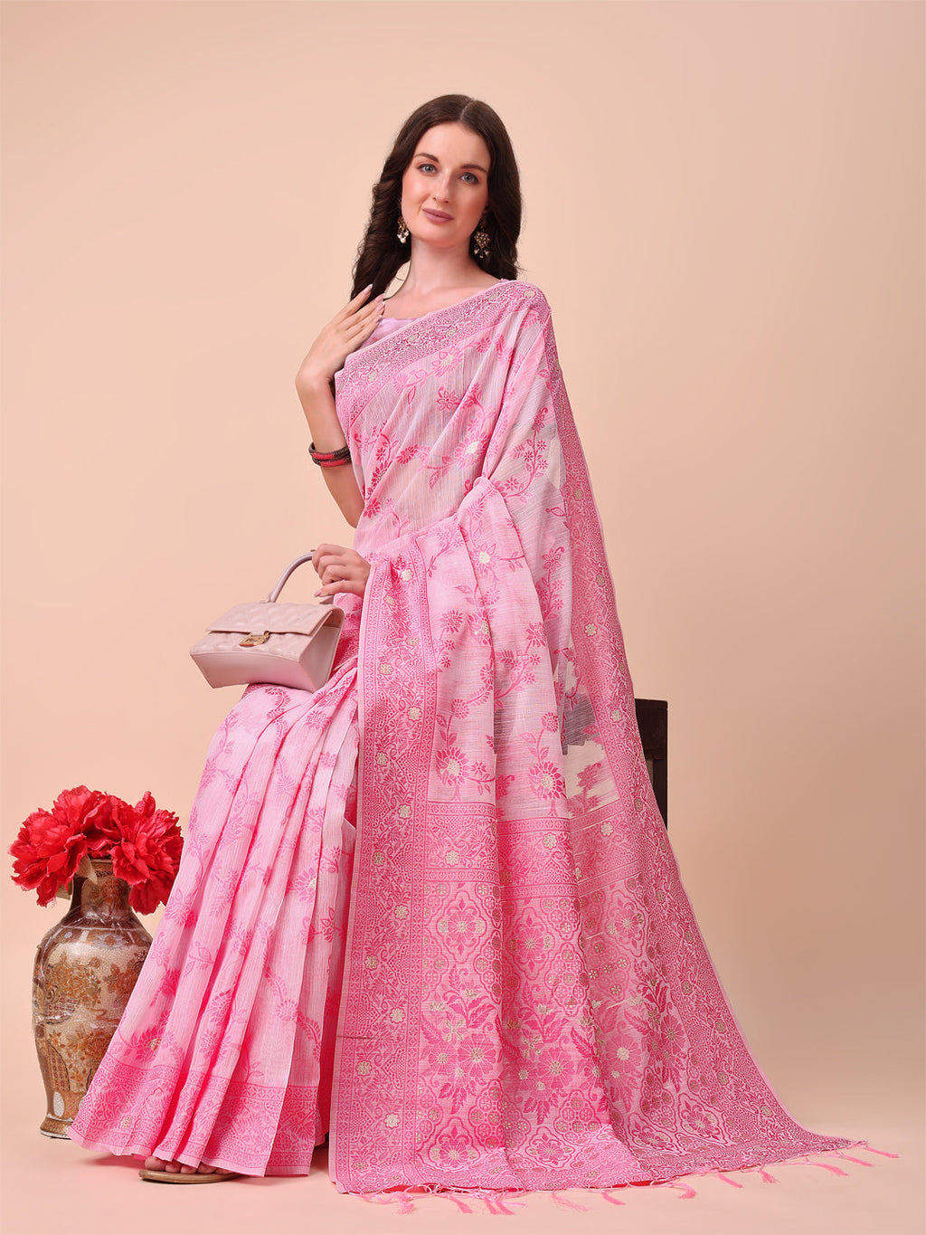 Shree Shyam Fashion Beige & Pink Banarasi Cotton Saree with Floral Zari Work and Traditional Pallu - Elegant Ethnic Wear for Festivals & Ceremonies
