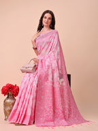 Shree Shyam Fashion Beige & Pink Banarasi Cotton Saree with Floral Zari Work and Traditional Pallu - Elegant Ethnic Wear for Festivals & Ceremonies