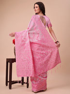 Shree Shyam Fashion Beige & Pink Banarasi Cotton Saree with Floral Zari Work and Traditional Pallu - Elegant Ethnic Wear for Festivals & Ceremonies
