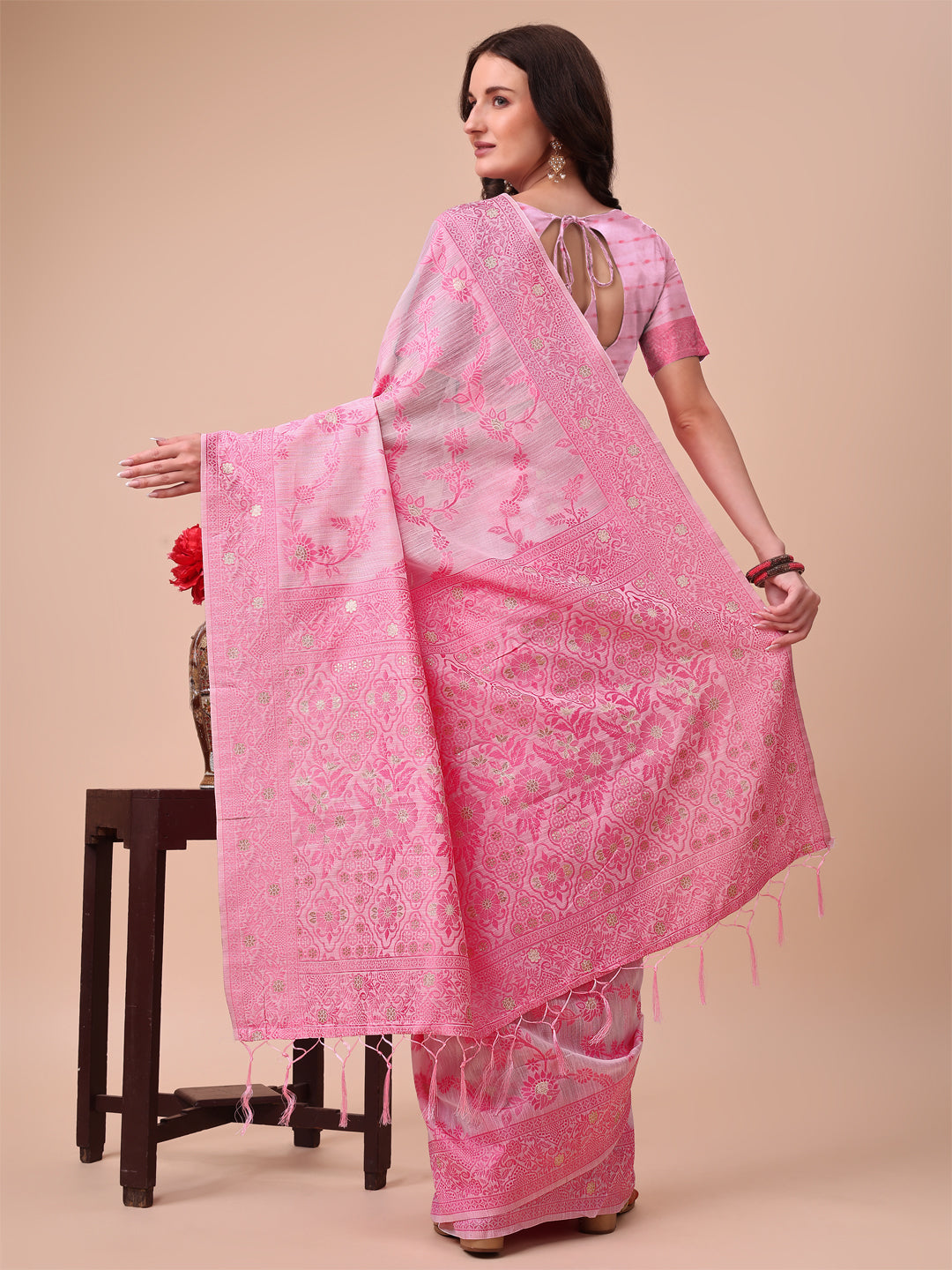 Shree Shyam Fashion Beige & Pink Banarasi Cotton Saree with Floral Zari Work and Traditional Pallu - Elegant Ethnic Wear for Festivals & Ceremonies