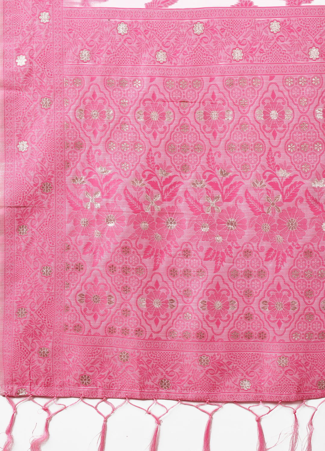 Shree Shyam Fashion Beige & Pink Banarasi Cotton Saree with Floral Zari Work and Traditional Pallu - Elegant Ethnic Wear for Festivals & Ceremonies