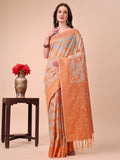 Shree Shyam Fashion Beige & Orange Banarasi Cotton Saree with Floral Zari Work and Traditional Pallu - Elegant Ethnic Wear for Festivals & Ceremonies