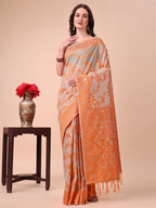 Shree Shyam Fashion Beige & Orange Banarasi Cotton Saree with Floral Zari Work and Traditional Pallu - Elegant Ethnic Wear for Festivals & Ceremonies