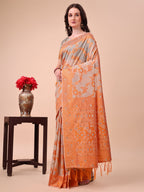 Shree Shyam Fashion Beige & Orange Banarasi Cotton Saree with Floral Zari Work and Traditional Pallu - Elegant Ethnic Wear for Festivals & Ceremonies