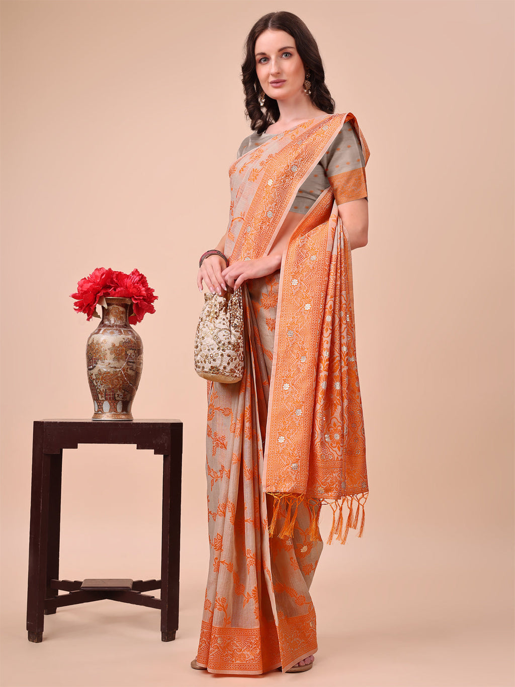 Shree Shyam Fashion Beige & Orange Banarasi Cotton Saree with Floral Zari Work and Traditional Pallu - Elegant Ethnic Wear for Festivals & Ceremonies
