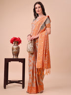 Shree Shyam Fashion Beige & Orange Banarasi Cotton Saree with Floral Zari Work and Traditional Pallu - Elegant Ethnic Wear for Festivals & Ceremonies