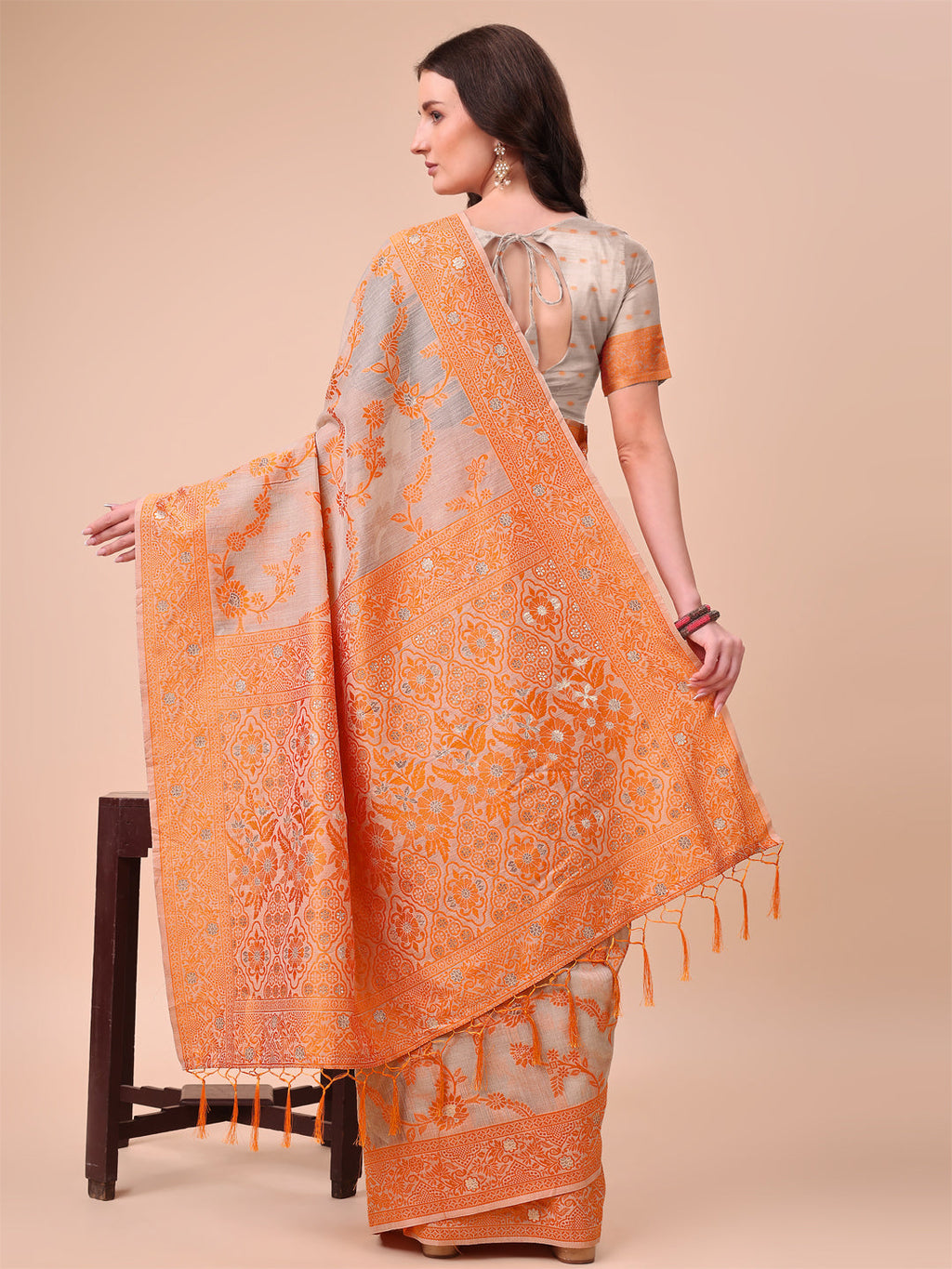 Shree Shyam Fashion Beige & Orange Banarasi Cotton Saree with Floral Zari Work and Traditional Pallu - Elegant Ethnic Wear for Festivals & Ceremonies