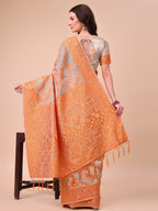 Shree Shyam Fashion Beige & Orange Banarasi Cotton Saree with Floral Zari Work and Traditional Pallu - Elegant Ethnic Wear for Festivals & Ceremonies