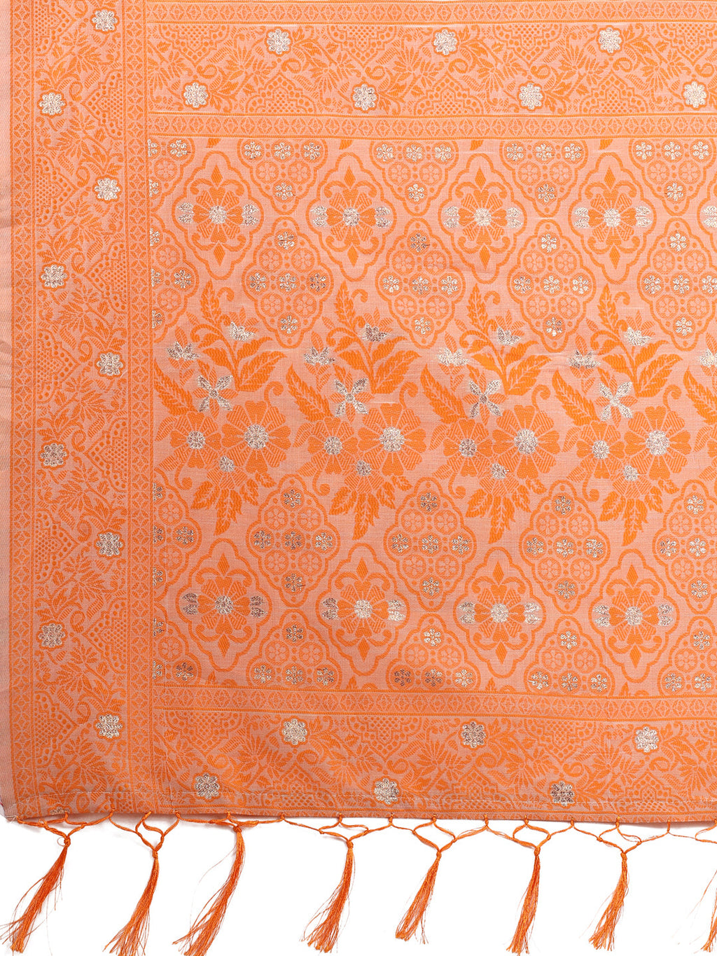 Shree Shyam Fashion Beige & Orange Banarasi Cotton Saree with Floral Zari Work and Traditional Pallu - Elegant Ethnic Wear for Festivals & Ceremonies