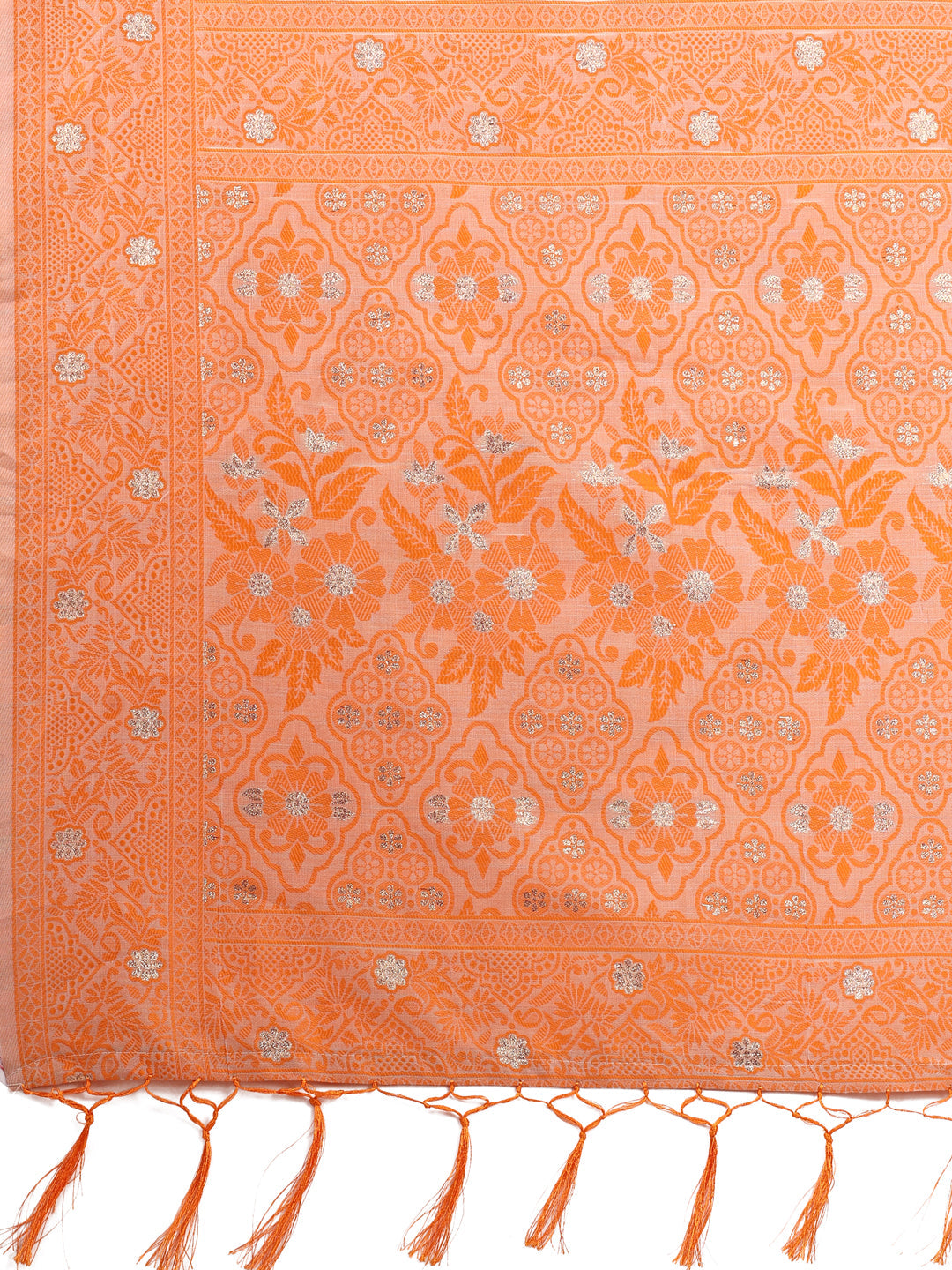 Shree Shyam Fashion Beige & Orange Banarasi Cotton Saree with Floral Zari Work and Traditional Pallu - Elegant Ethnic Wear for Festivals & Ceremonies