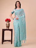 Shree Shyam Fashion Beige & Sky Blue Banarasi Cotton Saree with Floral Zari Work and Traditional Pallu - Elegant Ethnic Wear for Festivals & Ceremonies