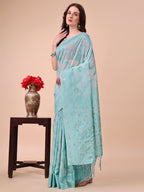 Shree Shyam Fashion Beige & Sky Blue Banarasi Cotton Saree with Floral Zari Work and Traditional Pallu - Elegant Ethnic Wear for Festivals & Ceremonies