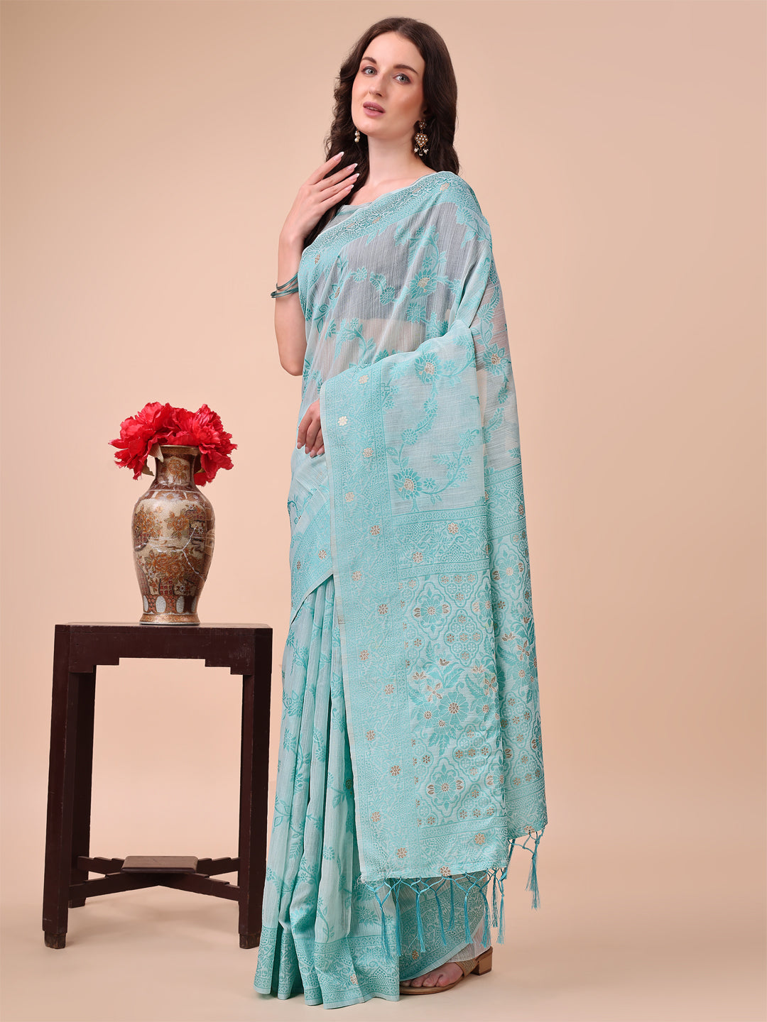 Shree Shyam Fashion Beige & Sky Blue Banarasi Cotton Saree with Floral Zari Work and Traditional Pallu - Elegant Ethnic Wear for Festivals & Ceremonies