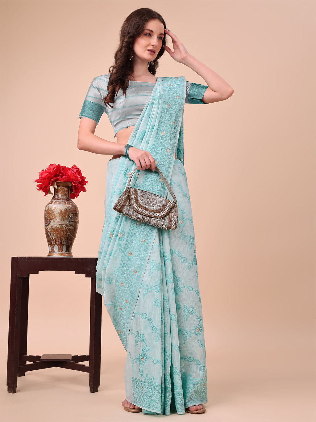 Shree Shyam Fashion Beige & Sky Blue Banarasi Cotton Saree with Floral Zari Work and Traditional Pallu - Elegant Ethnic Wear for Festivals & Ceremonies