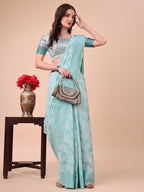 Shree Shyam Fashion Beige & Sky Blue Banarasi Cotton Saree with Floral Zari Work and Traditional Pallu - Elegant Ethnic Wear for Festivals & Ceremonies