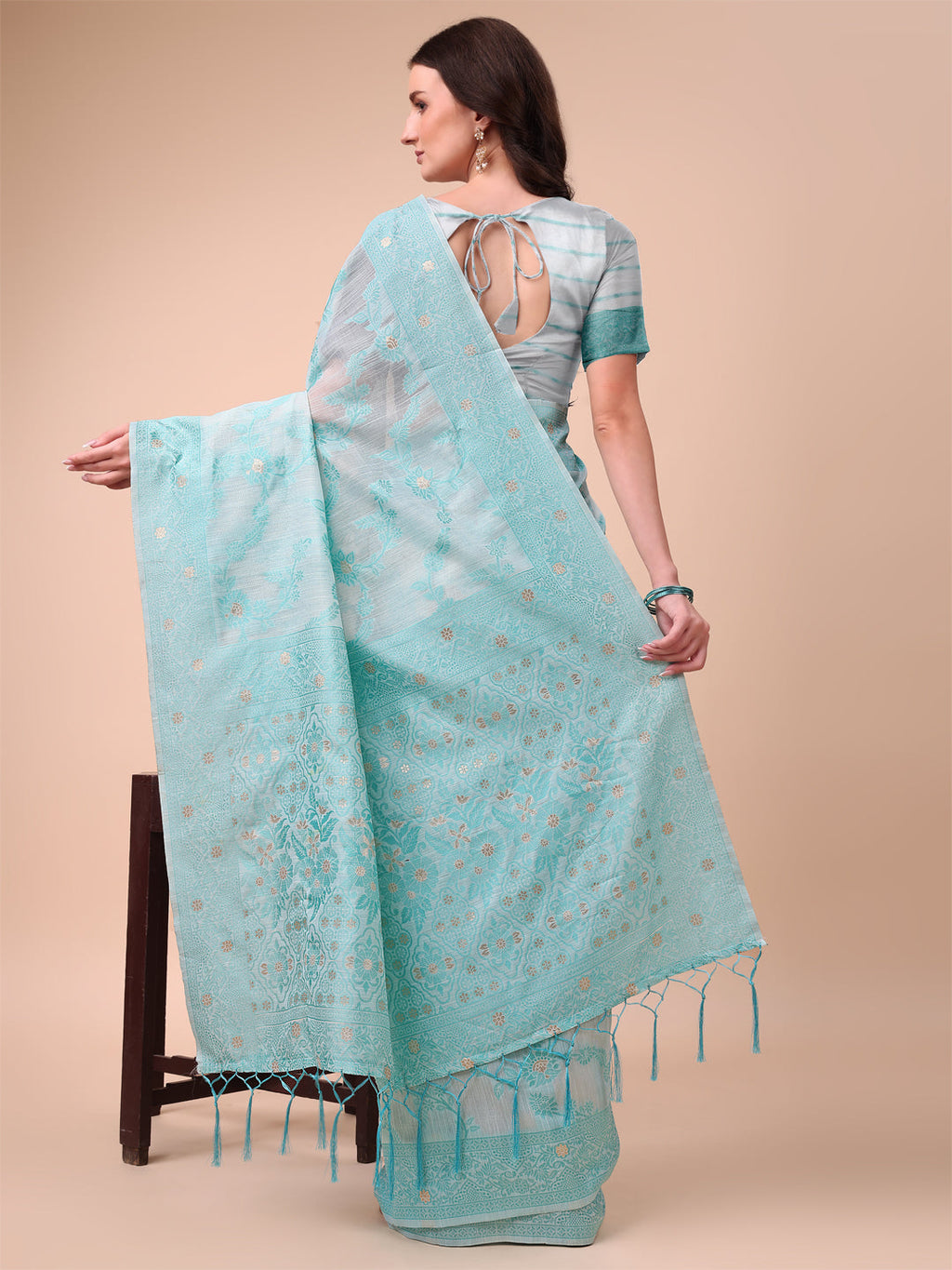 Shree Shyam Fashion Beige & Sky Blue Banarasi Cotton Saree with Floral Zari Work and Traditional Pallu - Elegant Ethnic Wear for Festivals & Ceremonies