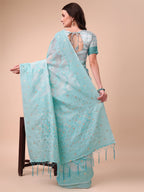Shree Shyam Fashion Beige & Sky Blue Banarasi Cotton Saree with Floral Zari Work and Traditional Pallu - Elegant Ethnic Wear for Festivals & Ceremonies
