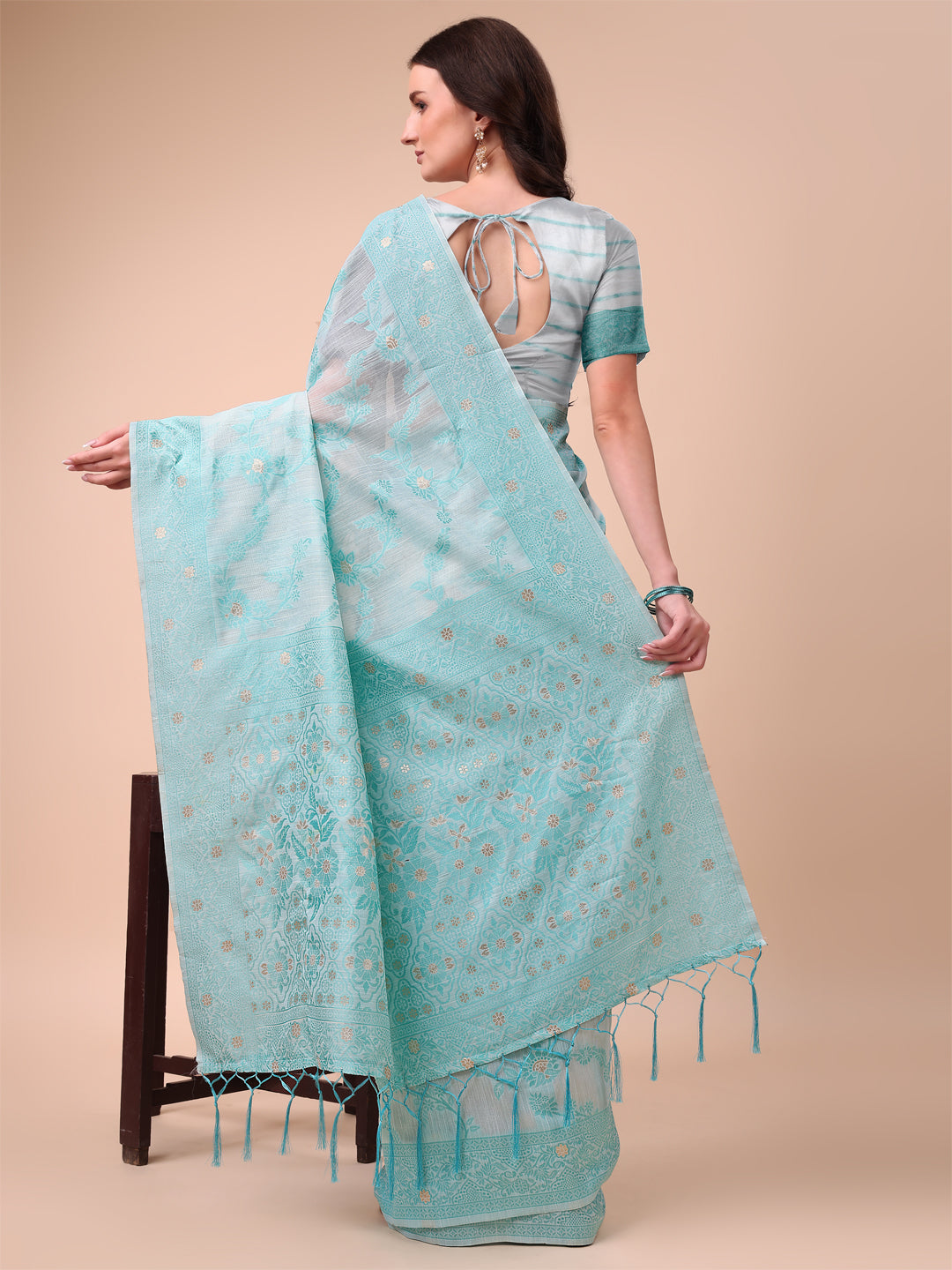 Shree Shyam Fashion Beige & Sky Blue Banarasi Cotton Saree with Floral Zari Work and Traditional Pallu - Elegant Ethnic Wear for Festivals & Ceremonies