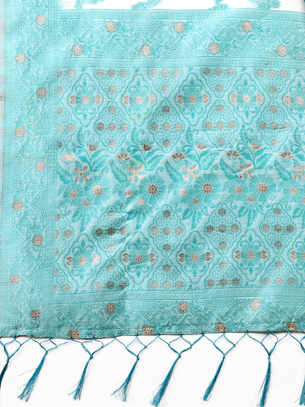 Shree Shyam Fashion Beige & Sky Blue Banarasi Cotton Saree with Floral Zari Work and Traditional Pallu - Elegant Ethnic Wear for Festivals & Ceremonies