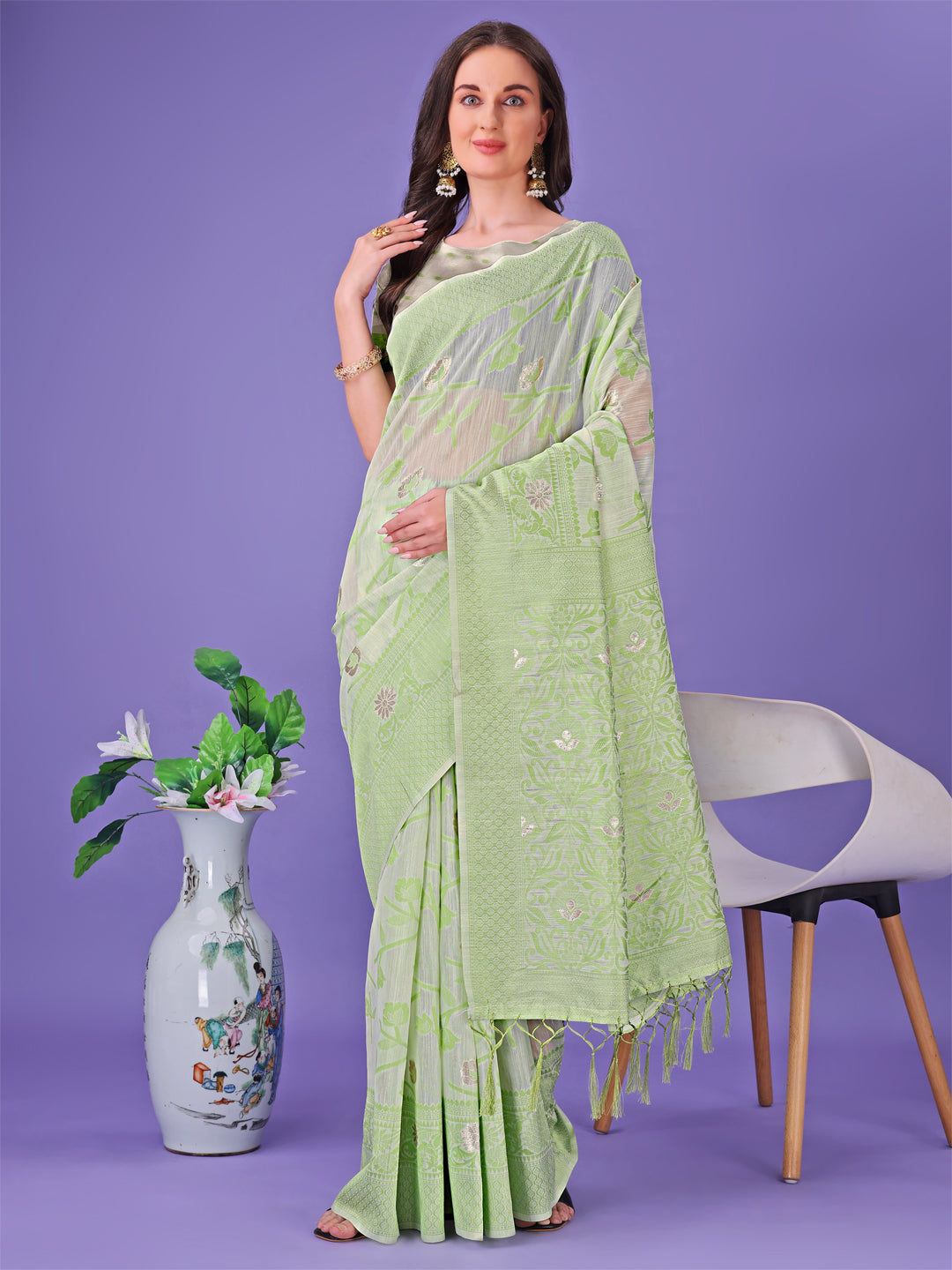 Shree Shyam Fashion Light Green Lichi Silk Saree with Floral Weaving & Tassel Pallu - Elegant Festive & Party Wear Saree