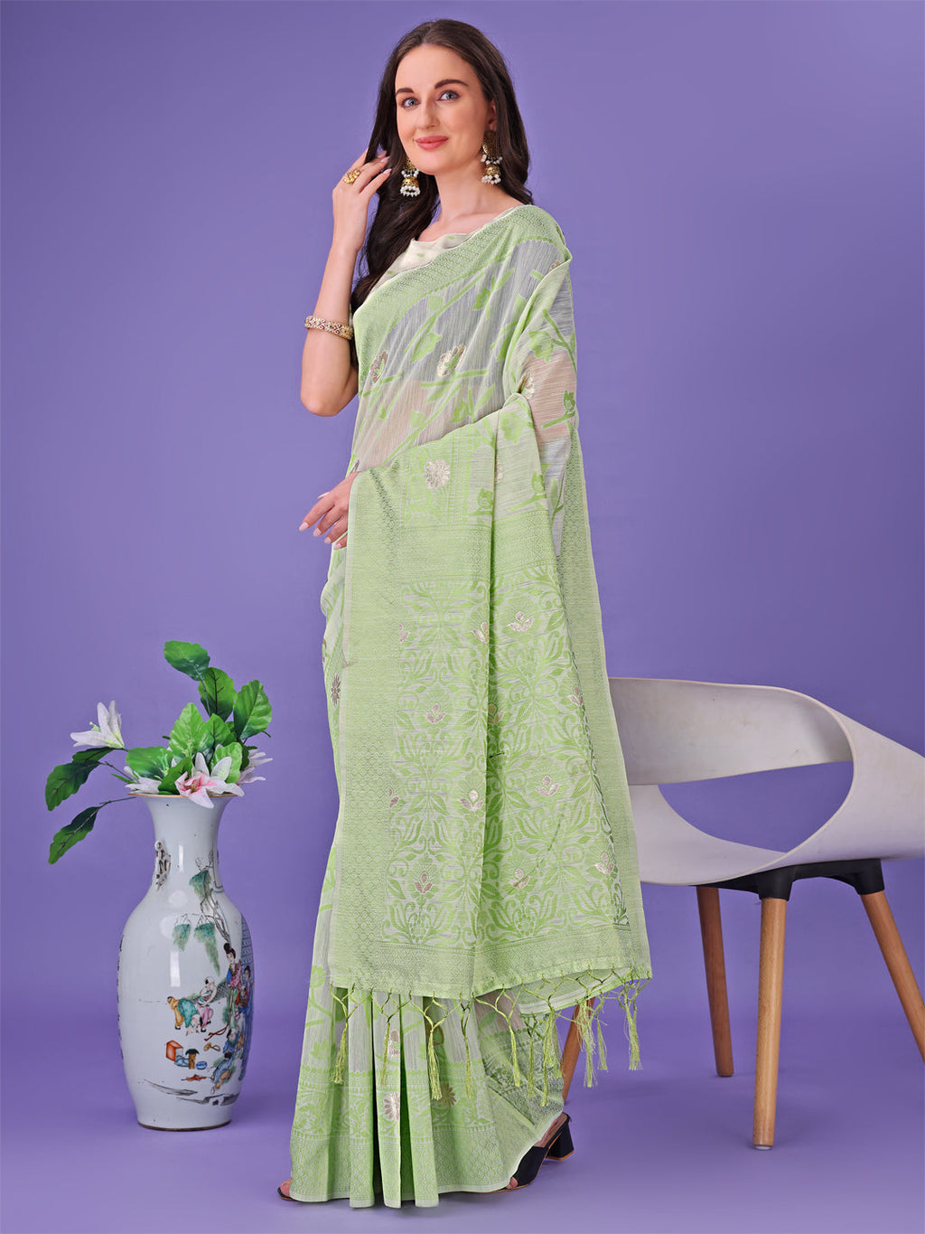 Shree Shyam Fashion Light Green Lichi Silk Saree with Floral Weaving & Tassel Pallu - Elegant Festive & Party Wear Saree