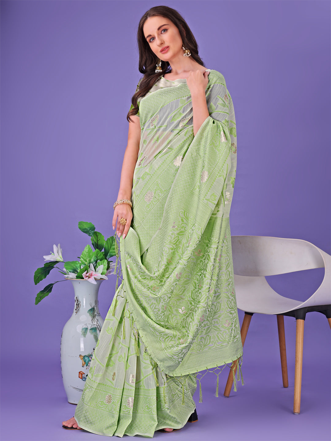 Shree Shyam Fashion Light Green Lichi Silk Saree with Floral Weaving & Tassel Pallu - Elegant Festive & Party Wear Saree
