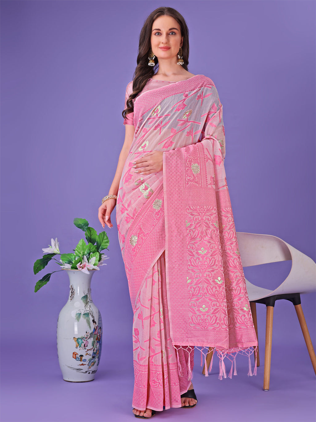 Shree Shyam Fashion Light Pink Lichi Silk Saree with Floral Weaving & Tassel Pallu - Elegant Festive & Party Wear Saree