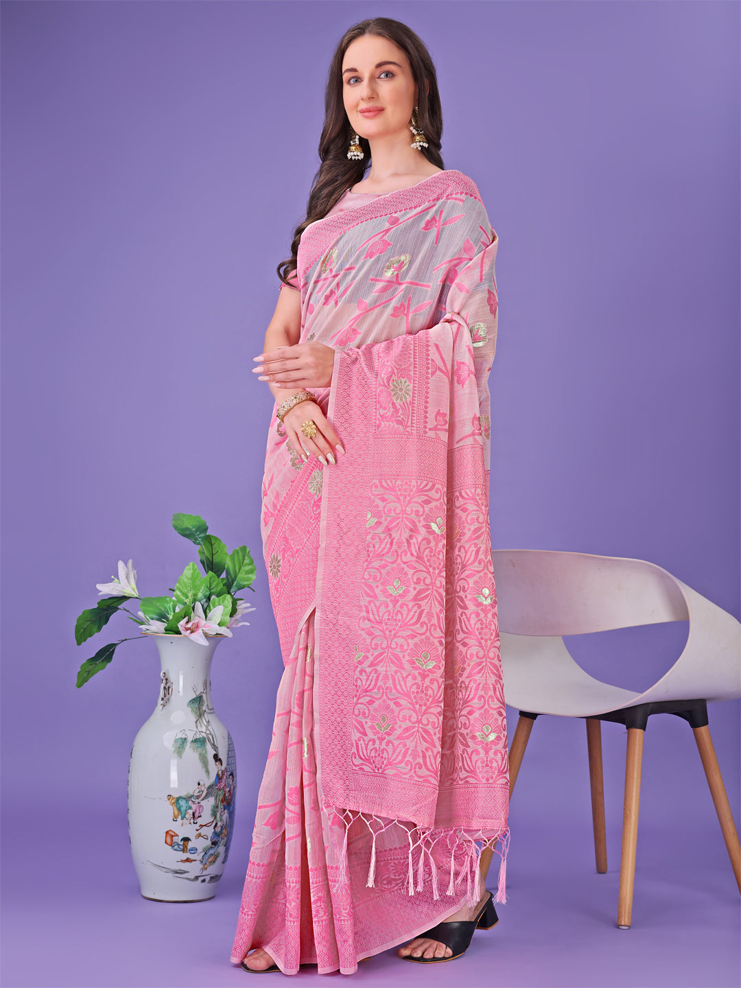 Shree Shyam Fashion Light Pink Lichi Silk Saree with Floral Weaving & Tassel Pallu - Elegant Festive & Party Wear Saree