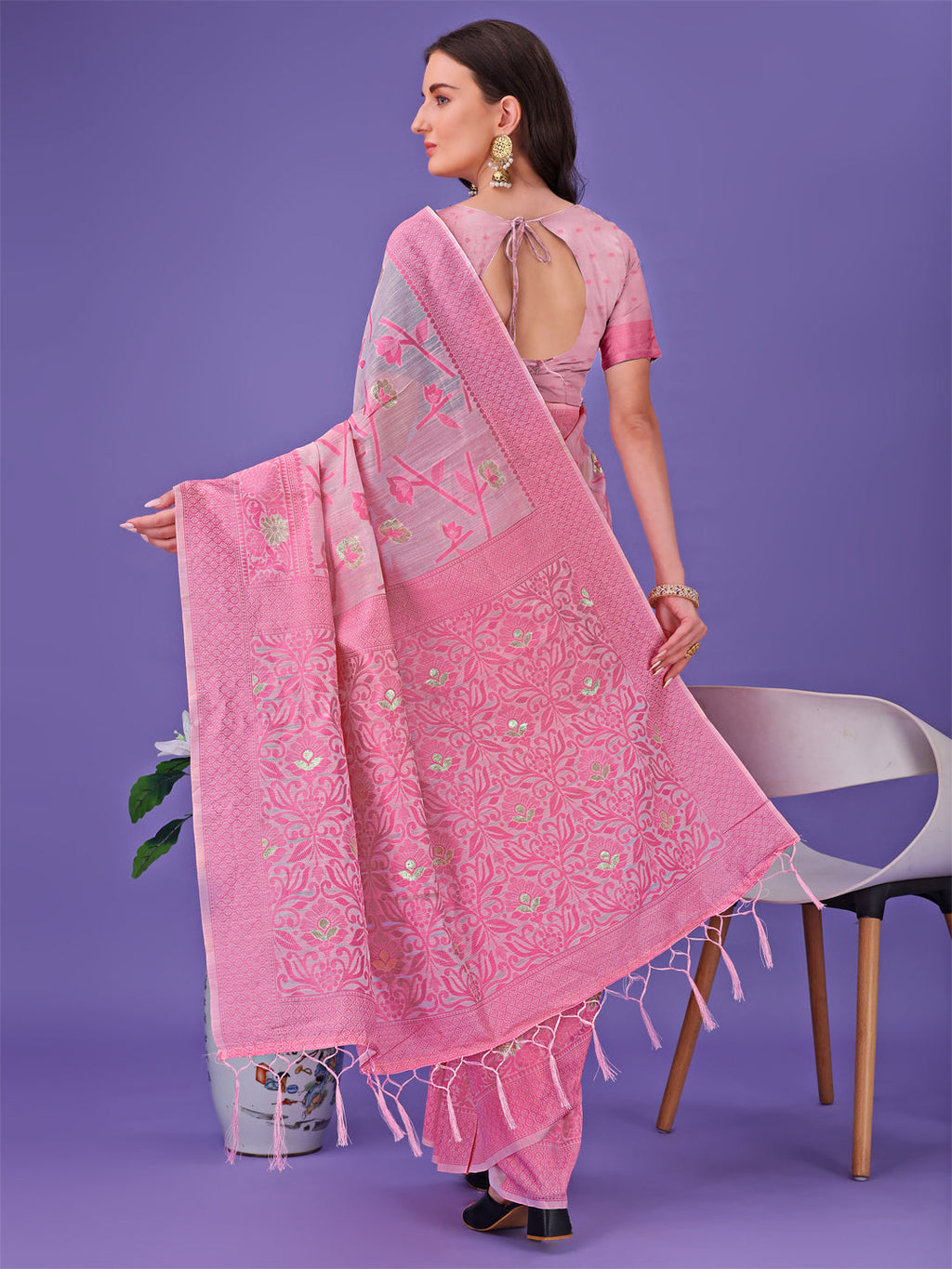 Shree Shyam Fashion Light Pink Lichi Silk Saree with Floral Weaving & Tassel Pallu - Elegant Festive & Party Wear Saree