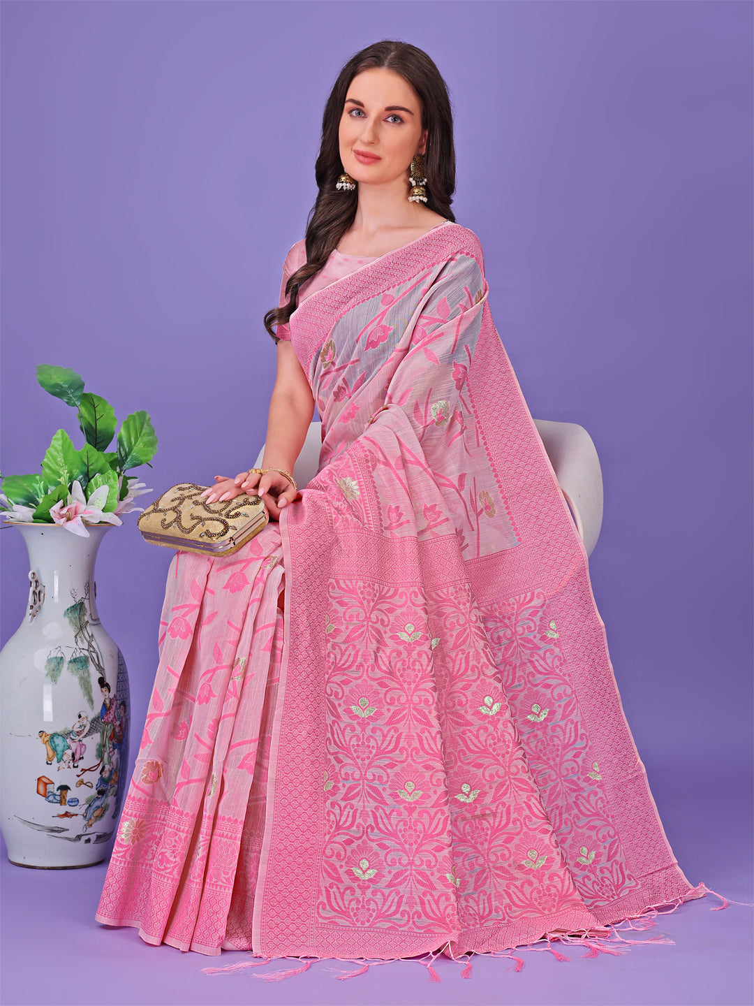 Shree Shyam Fashion Light Pink Lichi Silk Saree with Floral Weaving & Tassel Pallu - Elegant Festive & Party Wear Saree