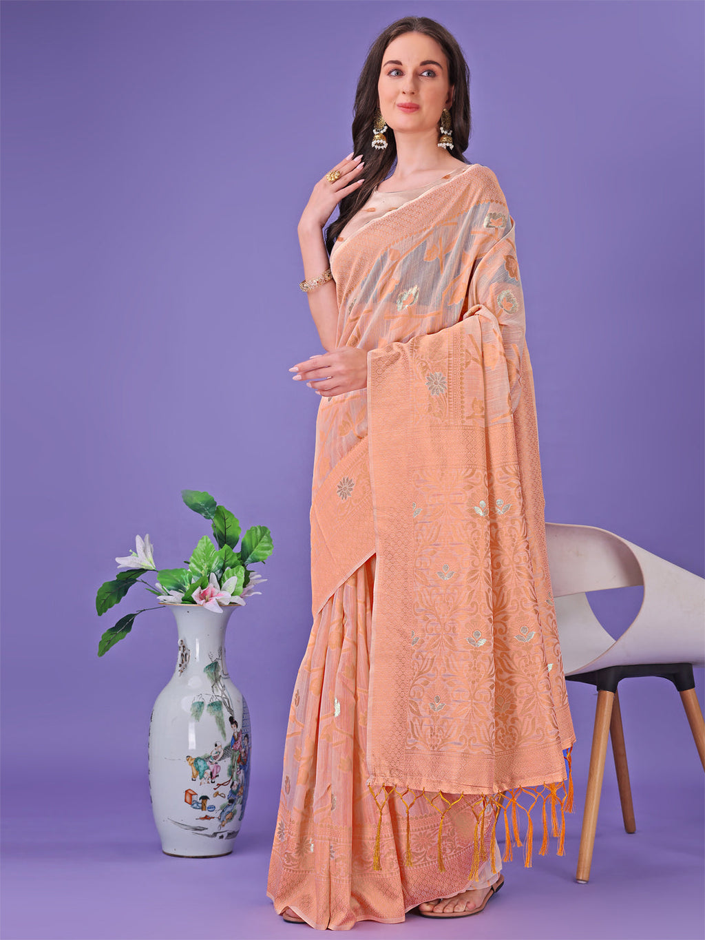 Shree Shyam Fashion Peach Lichi Silk Saree with Floral Weaving & Tassel Pallu - Elegant Festive & Party Wear Saree