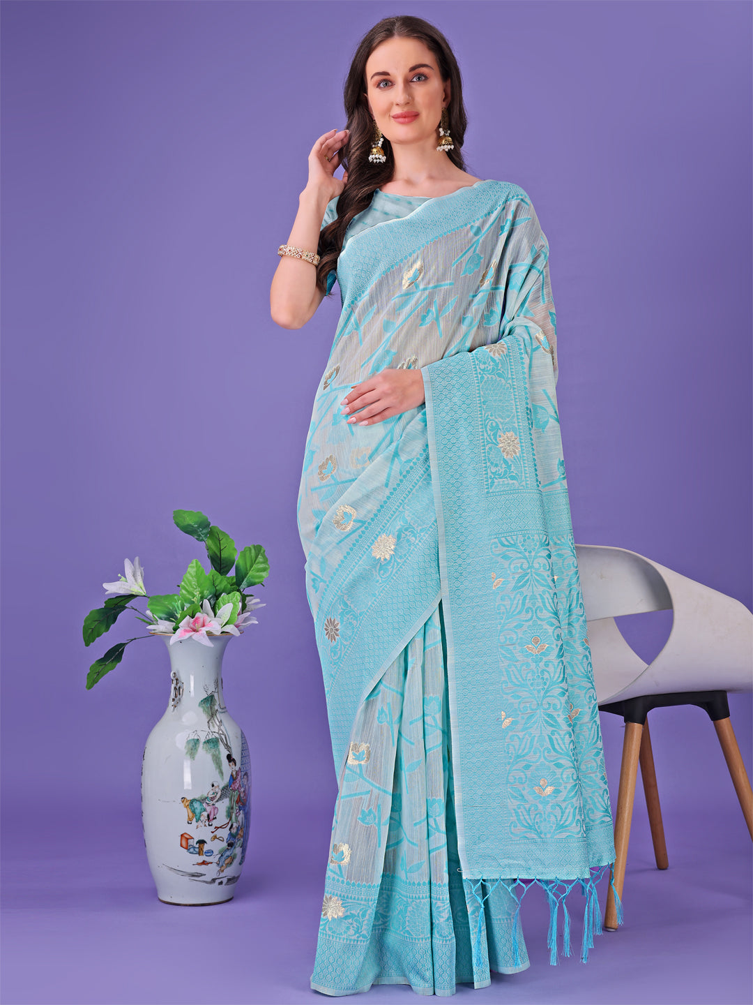 Shree Shyam Fashion Sky Blue Lichi Silk Saree with Floral Weaving & Tassel Pallu - Elegant Festive & Party Wear Saree