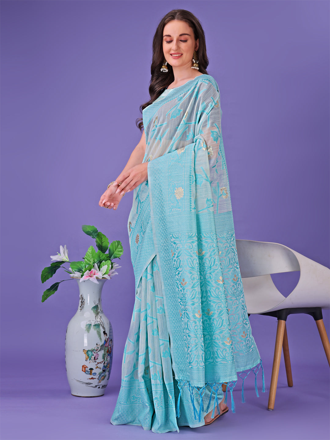 Shree Shyam Fashion Sky Blue Lichi Silk Saree with Floral Weaving & Tassel Pallu - Elegant Festive & Party Wear Saree