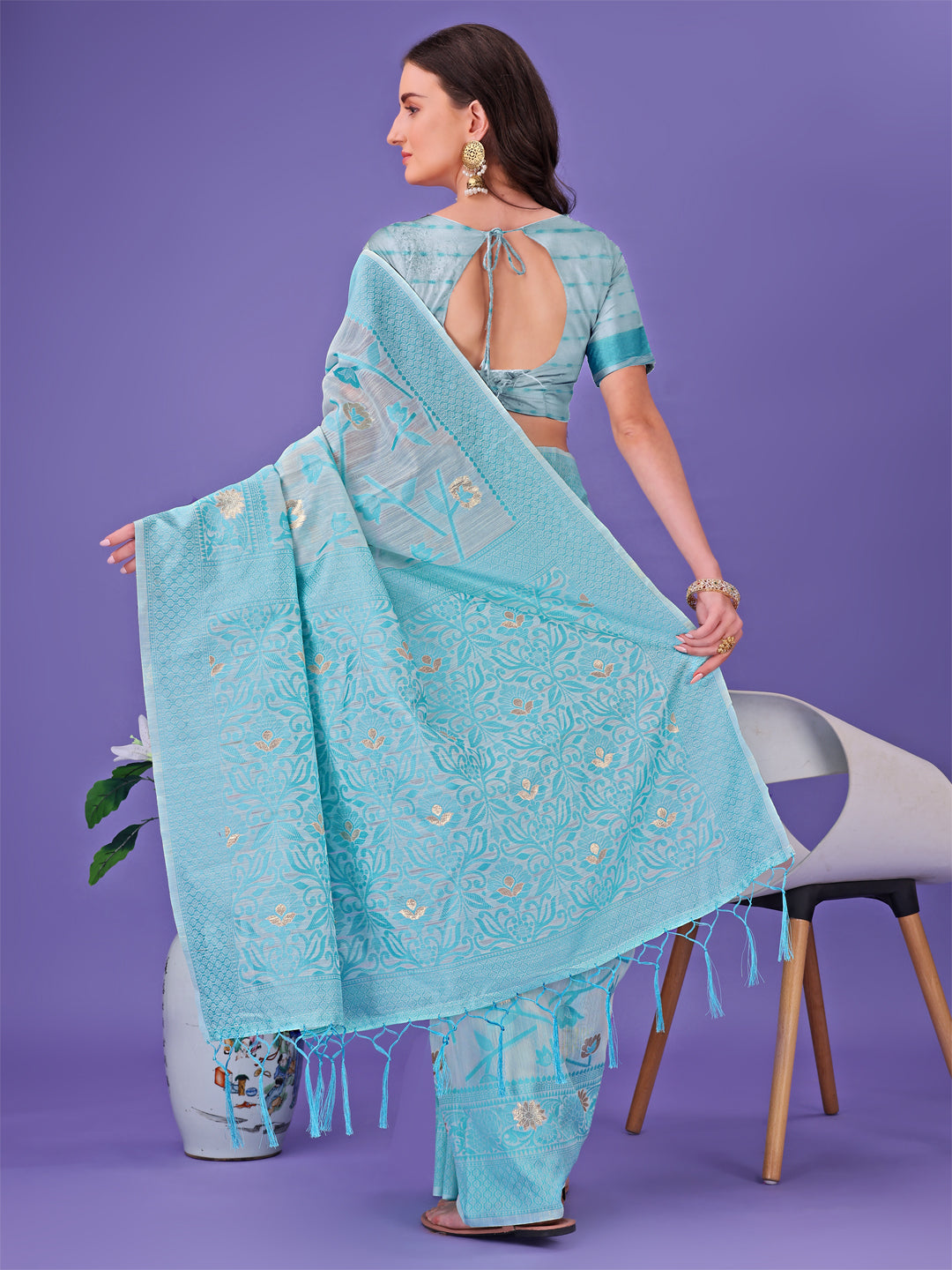 Shree Shyam Fashion Sky Blue Lichi Silk Saree with Floral Weaving & Tassel Pallu - Elegant Festive & Party Wear Saree