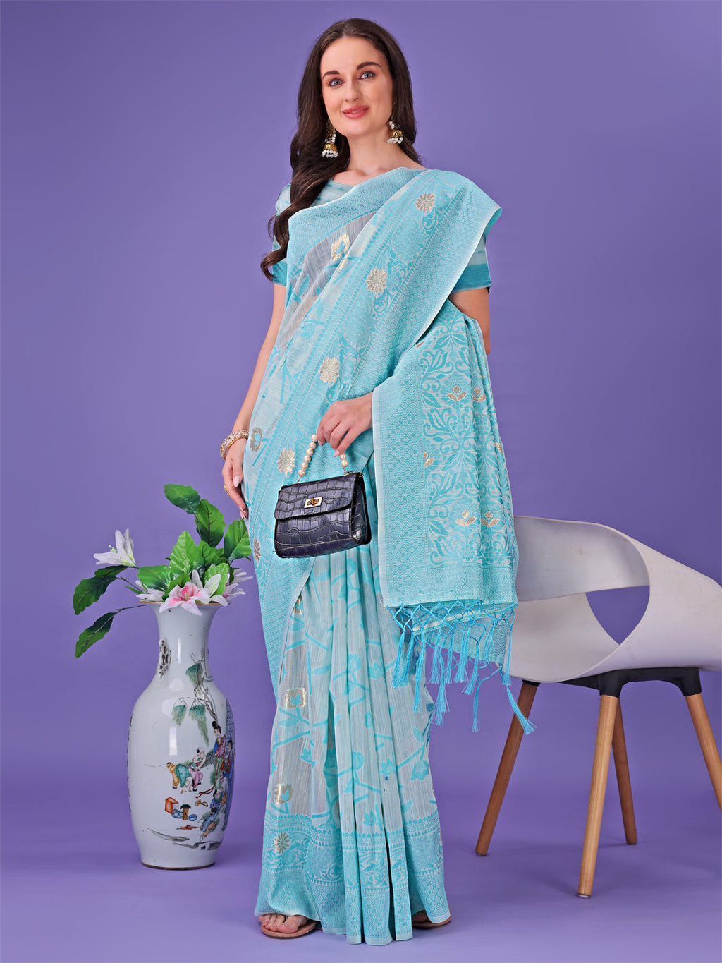 Shree Shyam Fashion Sky Blue Lichi Silk Saree with Floral Weaving & Tassel Pallu - Elegant Festive & Party Wear Saree