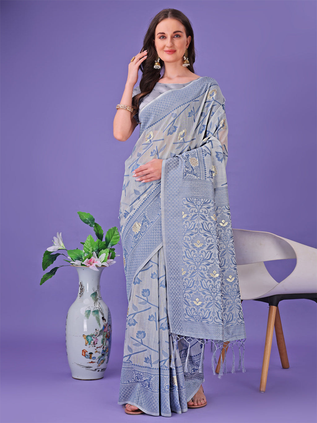 Shree Shyam Fashion Grey Lichi Silk Saree with Floral Weaving & Tassel Pallu - Elegant Festive & Party Wear Saree