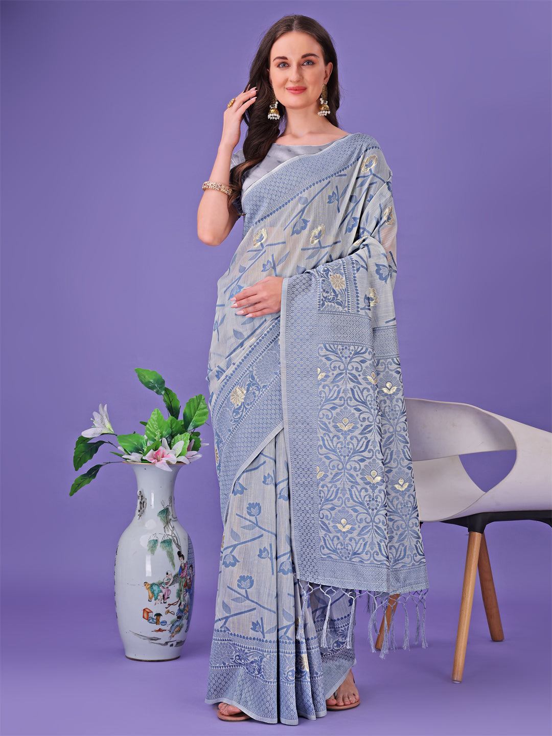 Shree Shyam Fashion Grey Lichi Silk Saree with Floral Weaving & Tassel Pallu - Elegant Festive & Party Wear Saree