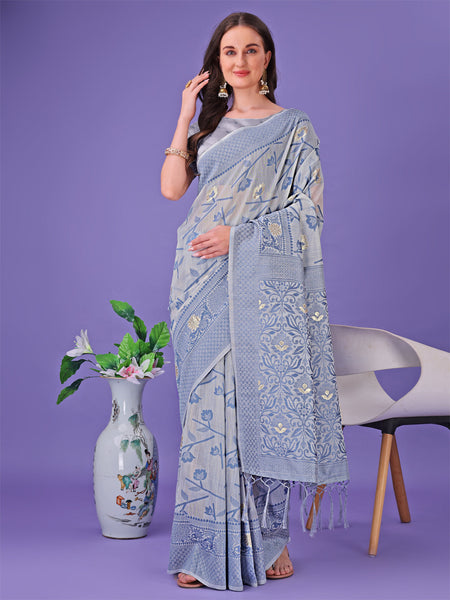 Shree Shyam Fashion Grey Lichi Silk Saree with Floral Weaving & Tassel Pallu - Elegant Festive & Party Wear Saree