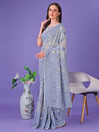 Shree Shyam Fashion Grey Lichi Silk Saree with Floral Weaving & Tassel Pallu - Elegant Festive & Party Wear Saree