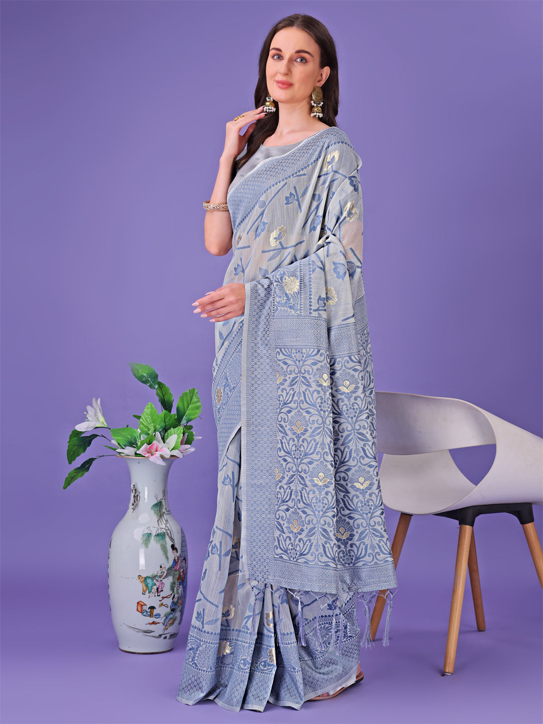 Shree Shyam Fashion Grey Lichi Silk Saree with Floral Weaving & Tassel Pallu - Elegant Festive & Party Wear Saree
