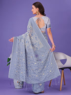 Shree Shyam Fashion Grey Lichi Silk Saree with Floral Weaving & Tassel Pallu - Elegant Festive & Party Wear Saree