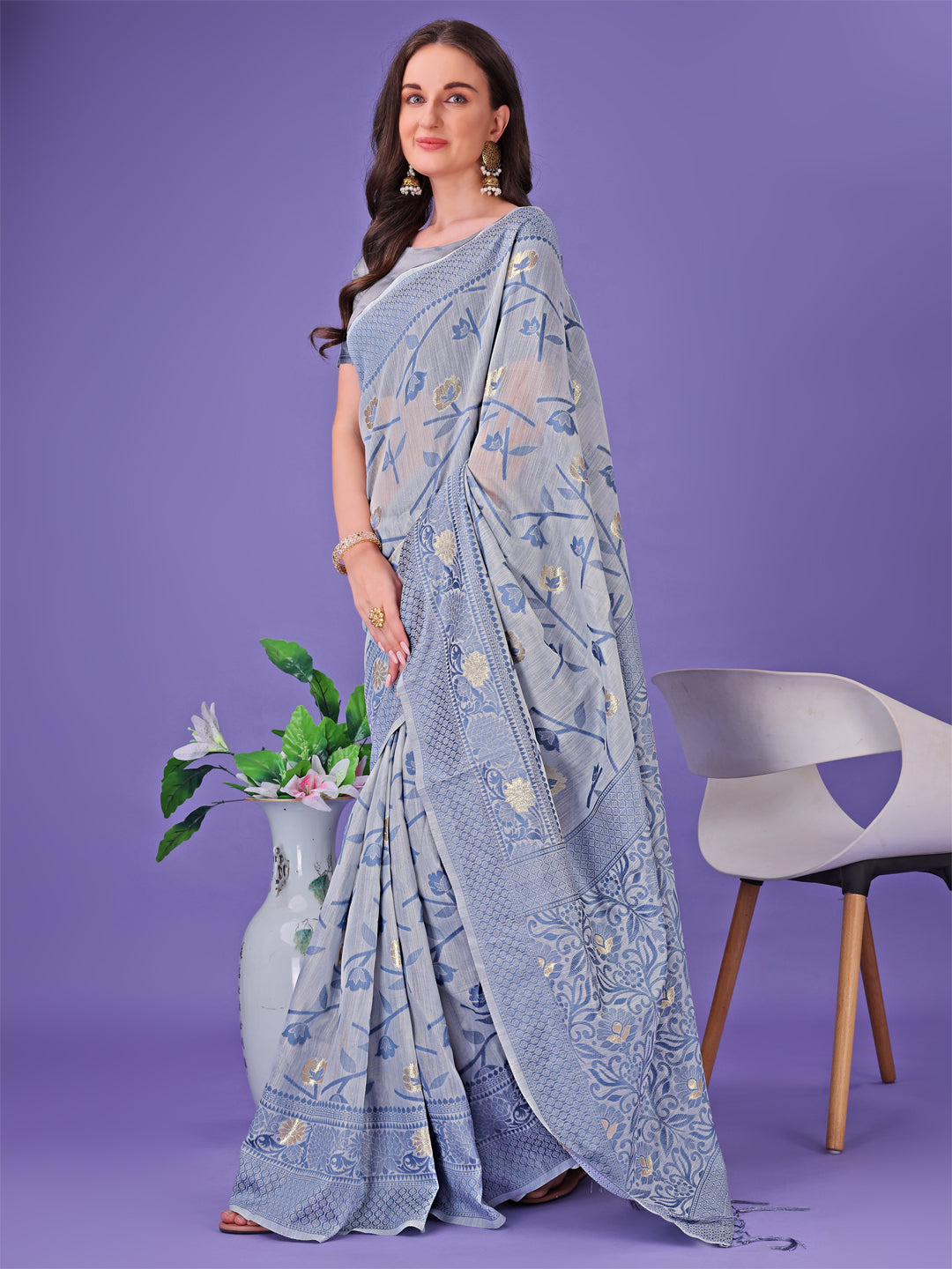 Shree Shyam Fashion Grey Lichi Silk Saree with Floral Weaving & Tassel Pallu - Elegant Festive & Party Wear Saree