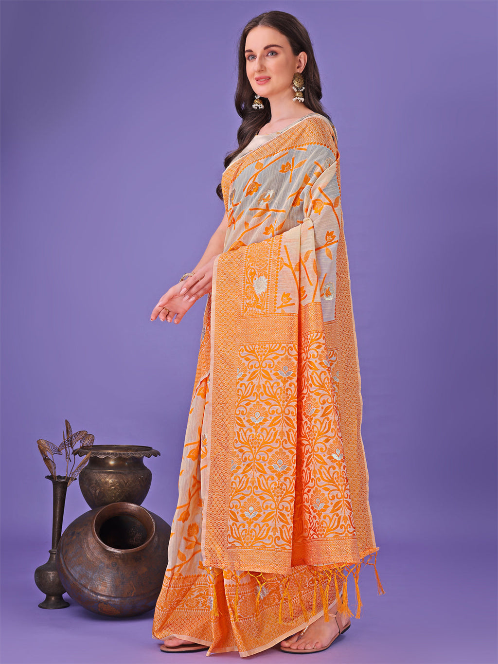 Shree Shyam Fashion Orange Lichi Silk Saree with Floral Weaving & Tassel Pallu - Elegant Festive & Party Wear Saree